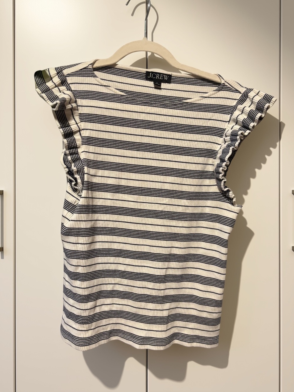 J. Crew Navy and White Striped Ruffle-Sleeve Tank